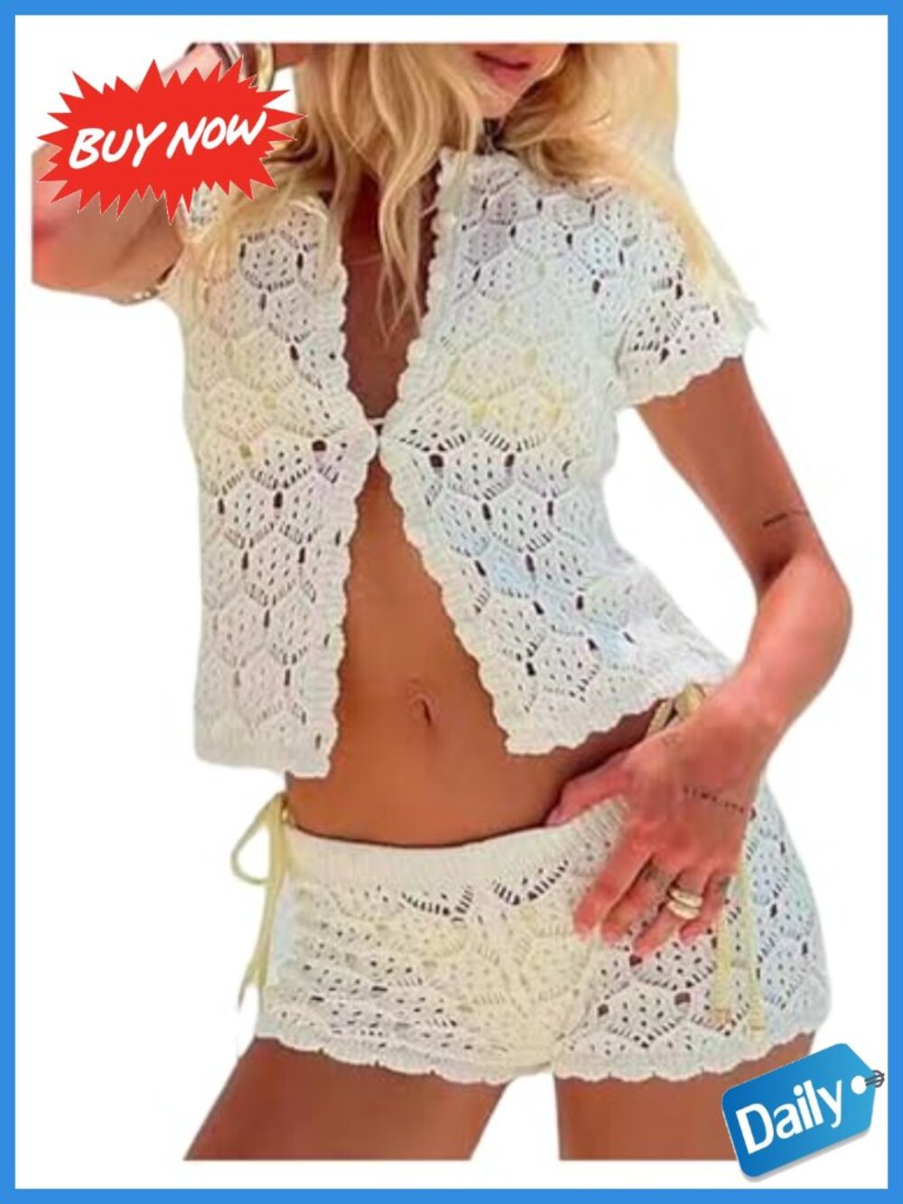 Crochet Knit 2 Piece Shorts Set